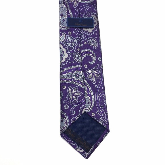 David Donahue Tie Men Silk Purple Light Blue Silver Paisley Necktie Woven Italy - Picture 9 of 12